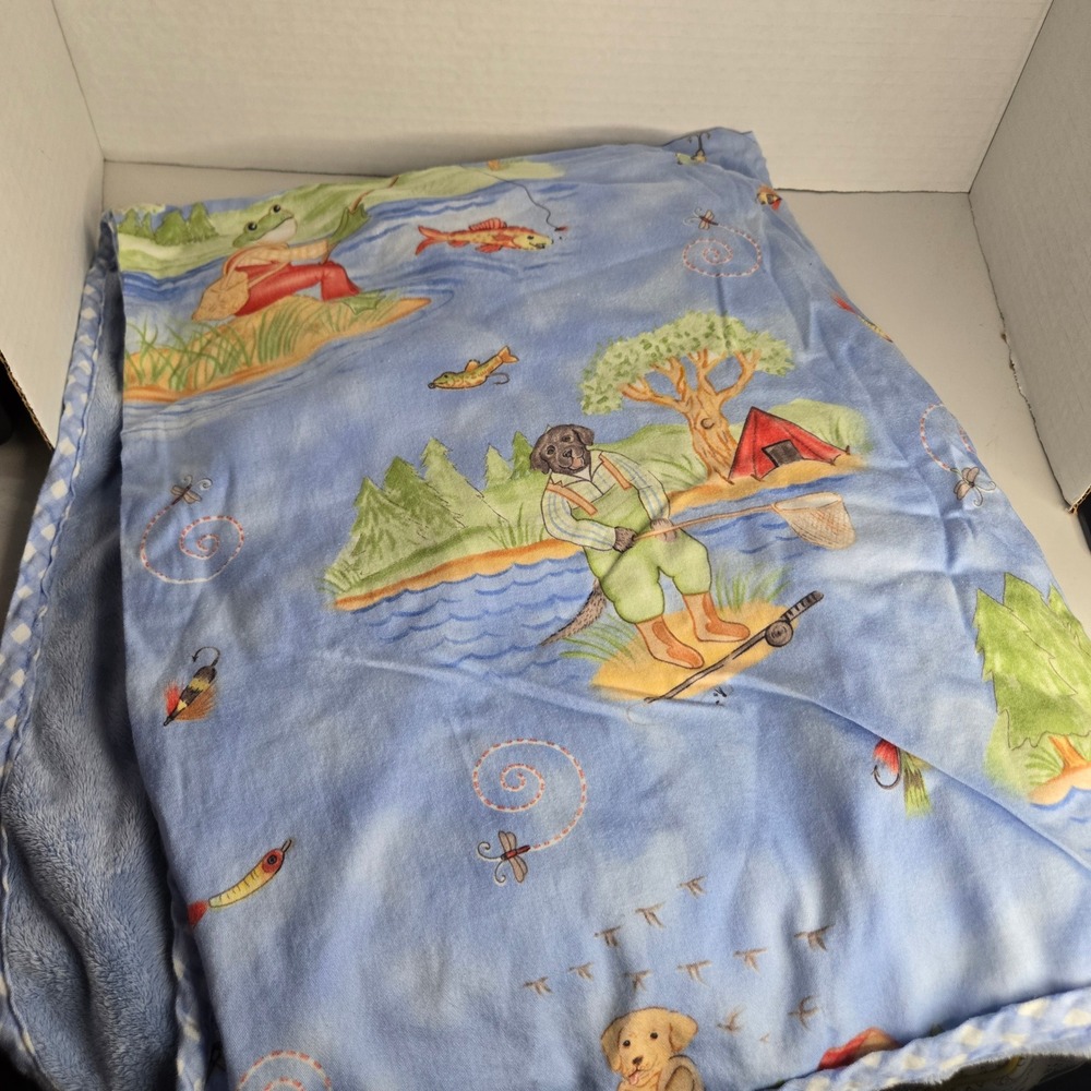 Kelly B Rightsell KBR Baby Blanket Lovey Security Fly Fishing Frog Dog Soft Blue